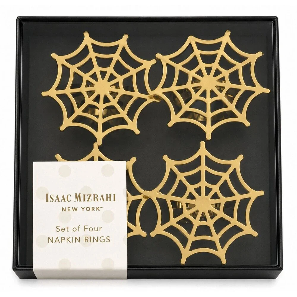 Isaac Mizrahi Halloween Spider Web Gold Tone Set Of 4 Napkin Rings Scary Spooky